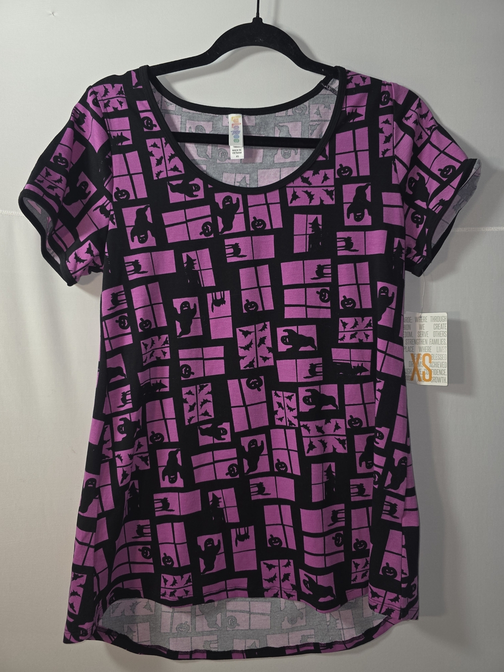 LuLaRoe Purple & Black Halloween Grid Short Sleeve Tee